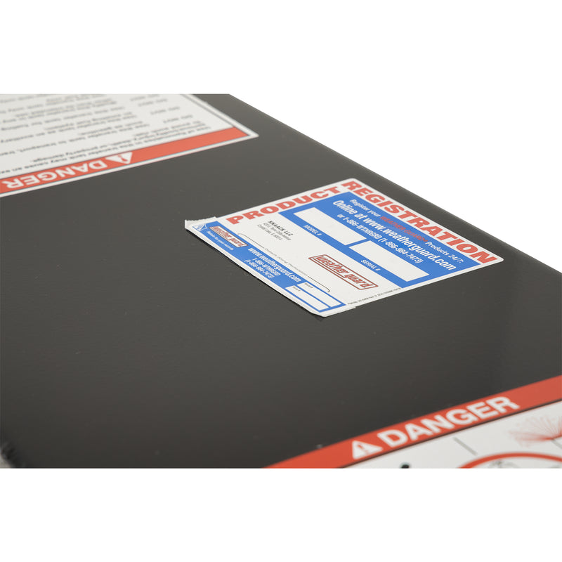 Product registration label printed on the top of a gloss black Weather Guard transfer tank