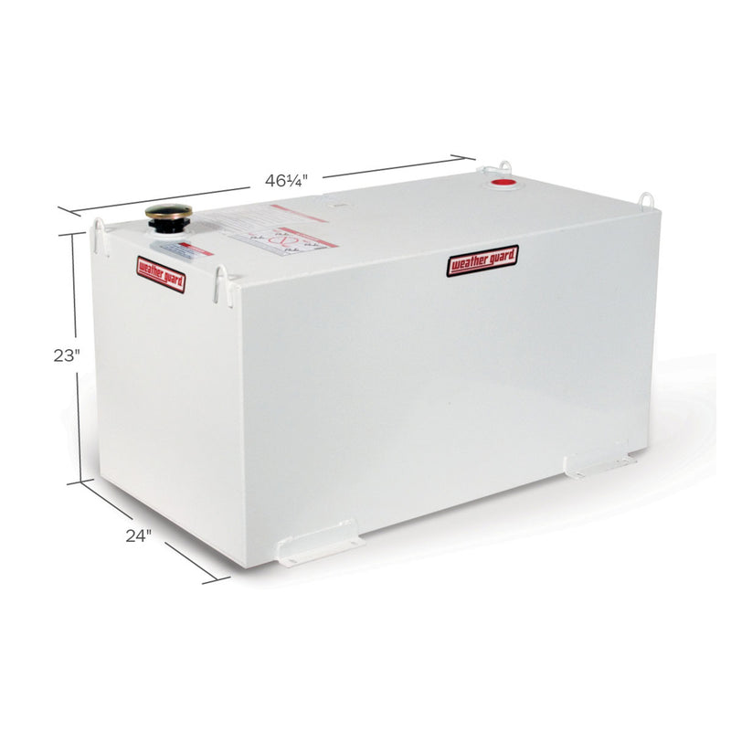 Dimensional drawing of the Weather Guard 358-3-02 100 gallon rectangular transfer tank with measurement callouts