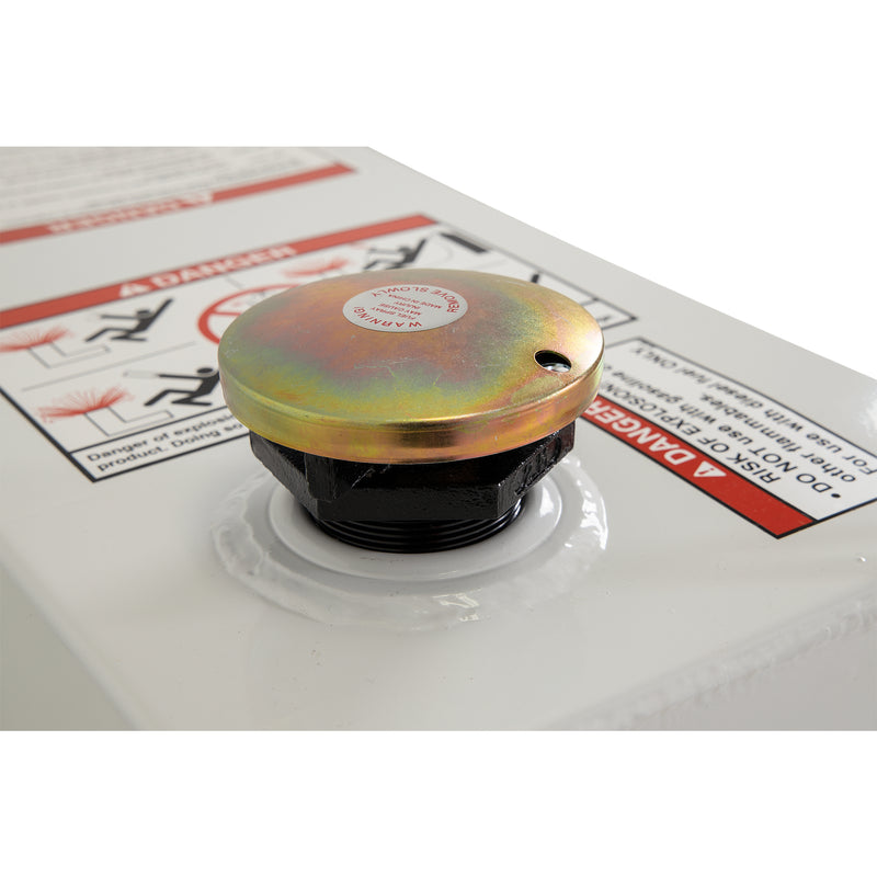 Close-up of the vented lockable brass filler cap on a brite white Weather Guard transfer tank