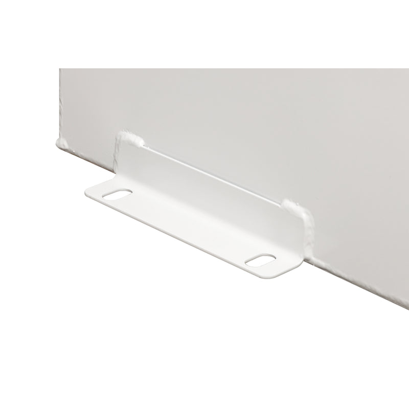 Close-up of the slotted welded mounting foot on a brite white Weather Guard steel transfer tank
