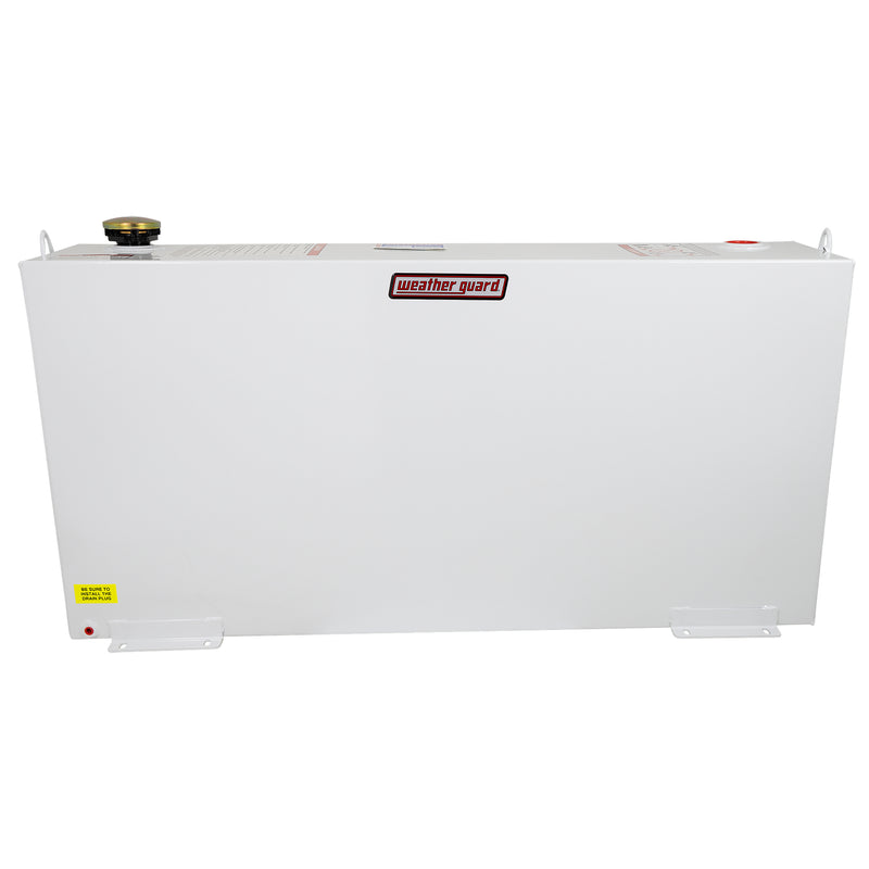 Front elevation of the brite white Weather Guard 359-3-02 85 gallon column transfer tank