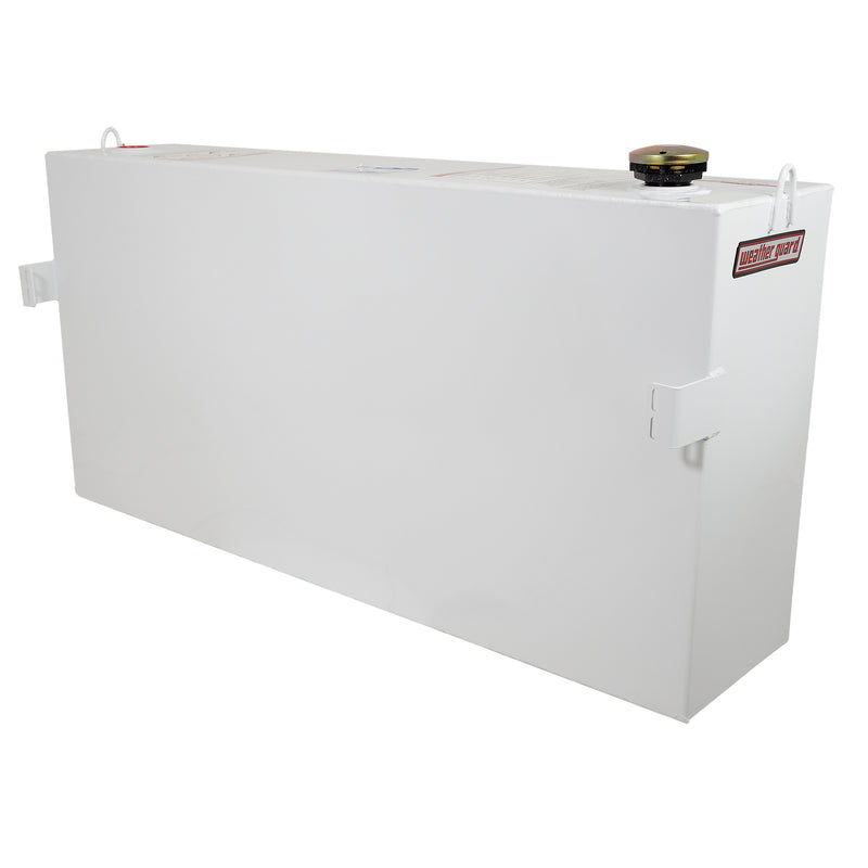 Brite white Weather Guard 85 gallon column transfer tank seen from a high angle showing its low profile