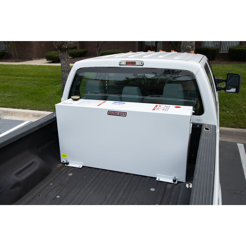 Brite white Weather Guard 85 gallon column tank bolted into the bed of a white pickup truck