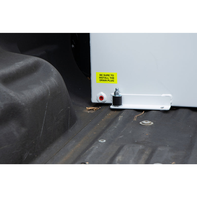 Close-up of a Weather Guard column tank mounting foot bolted down to the pickup bed floor