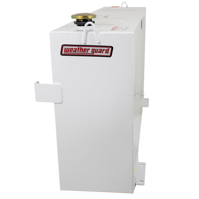 Narrow end profile of the Weather Guard 85 gallon brite white column transfer tank