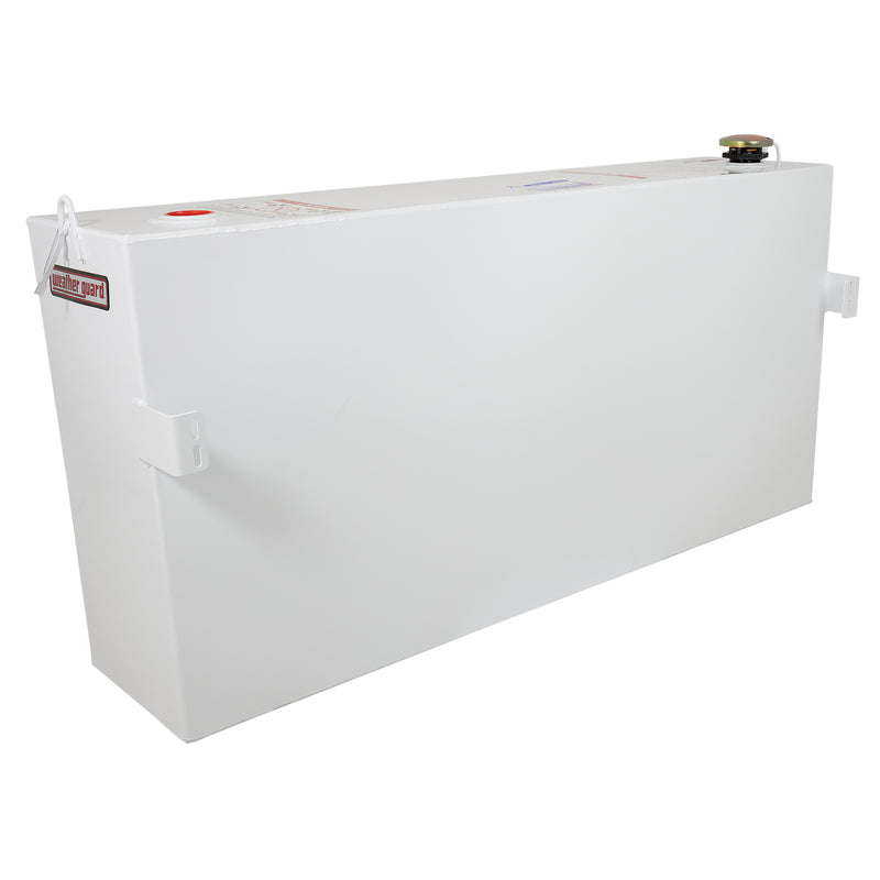 Weather Guard 85 gallon brite white column transfer tank from the opposite corner with the filler cap in view