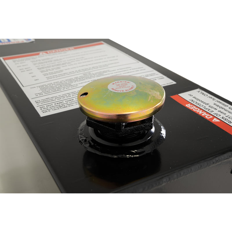 Close-up of the vented lockable brass filler cap on a gloss black Weather Guard transfer tank