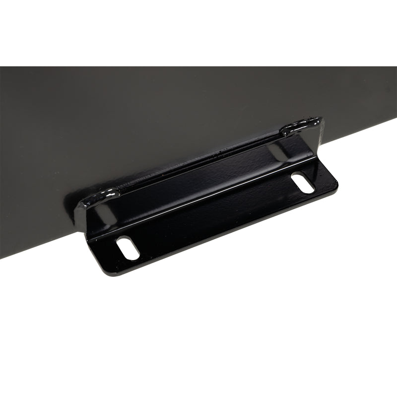 Close-up of the slotted welded mounting foot on a gloss black Weather Guard steel transfer tank