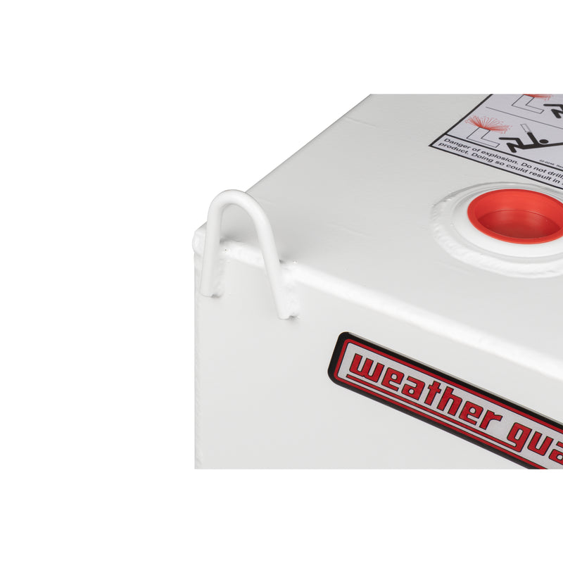 Detail of the lift handle, weather guard badge and red-plugged fill port on the brite white 110 gallon tank