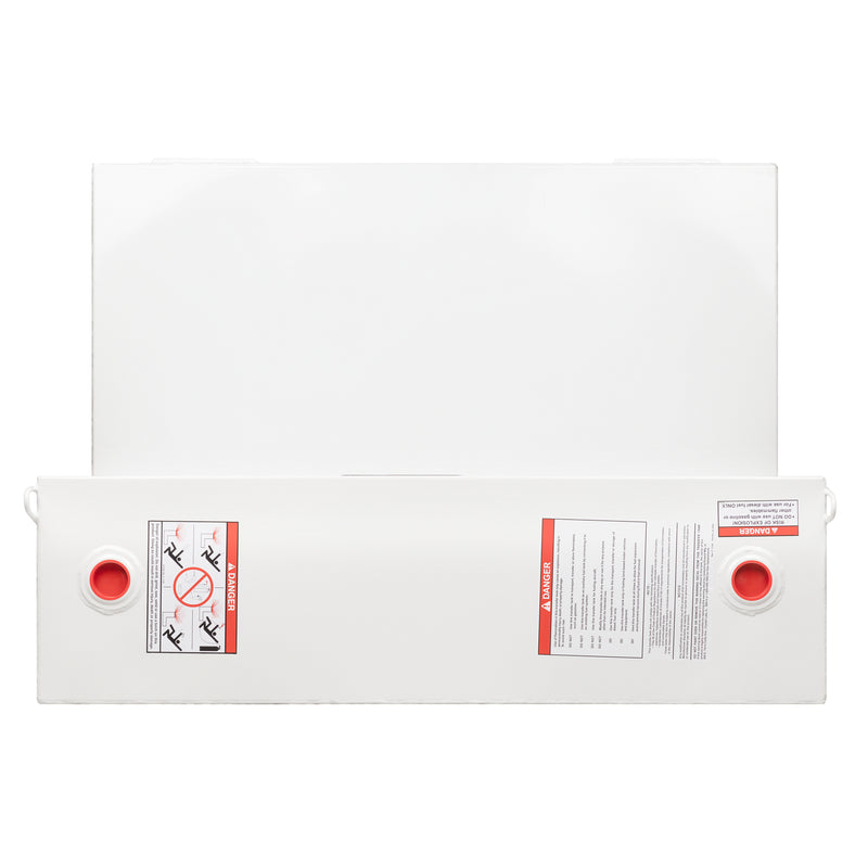 Top view of the brite white Weather Guard 110 gallon transfer tank showing both red-plugged ports