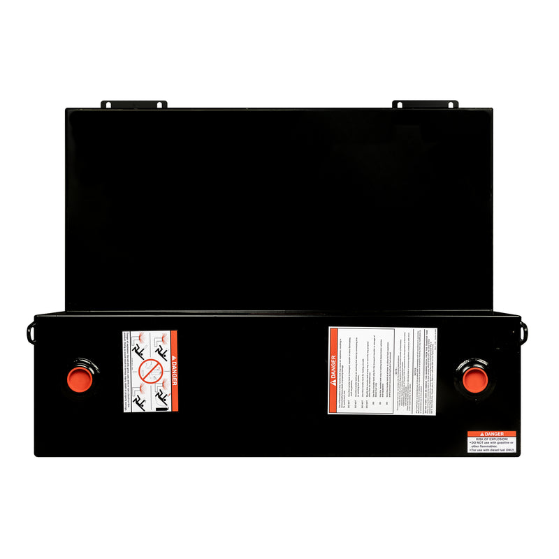 Top view of the gloss black Weather Guard 110 gallon transfer tank showing both red-plugged ports