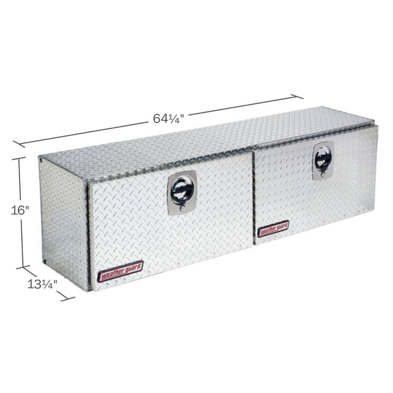 Weather Guard 364-0-02 Hi-Side box in bright aluminum diamond plate, dimensional line drawing with the overall length, width and height called out
