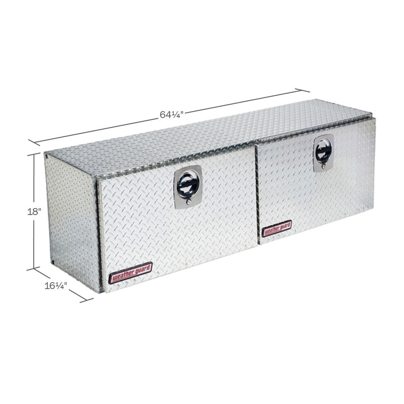 Weather Guard 365-0-02 Super-Side box in bright aluminum diamond plate, dimensional line drawing with the overall length, width and height called out