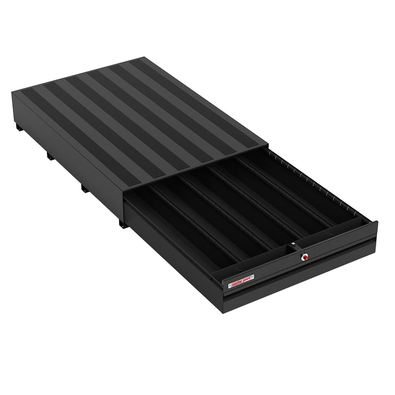 Weather Guard 3713-5-04 PACK RAT drawer unit in black with the drawer pulled fully open on its slides