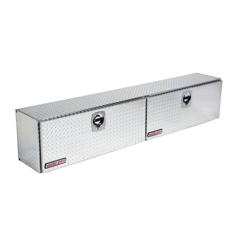 Weather Guard 390-0-02 Hi-Side box in bright aluminum diamond plate, front three-quarter studio view with the doors closed