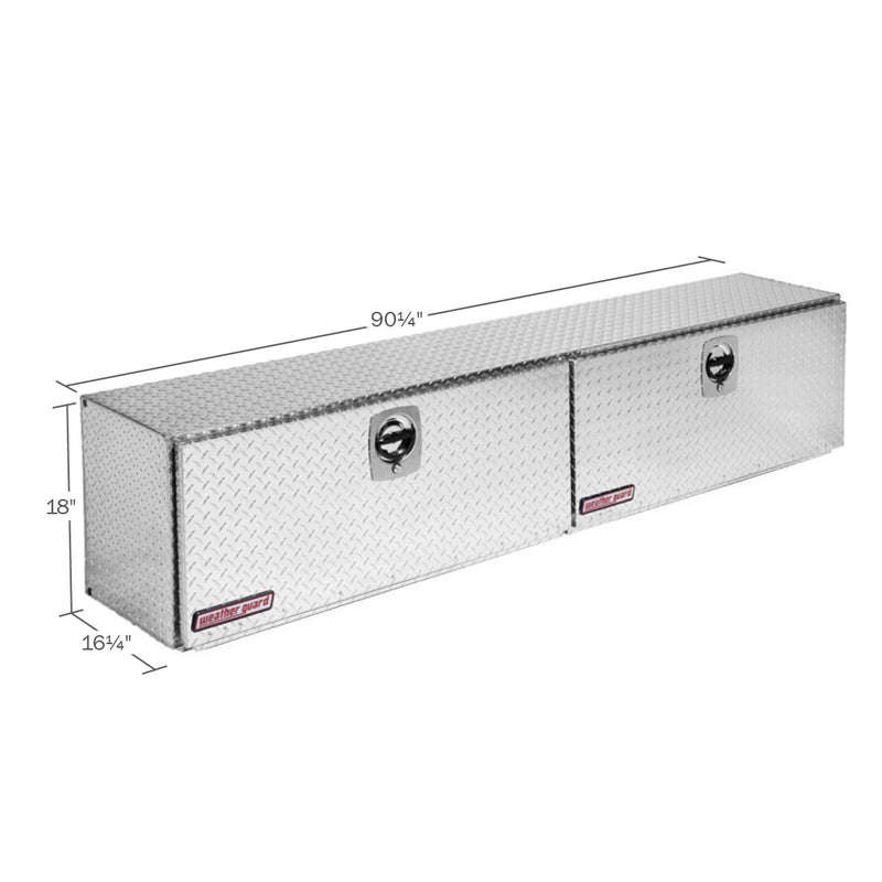 Weather Guard 391-0-02 Super Hi-Side box in bright aluminum diamond plate, dimensional line drawing with the overall length, width and height called out