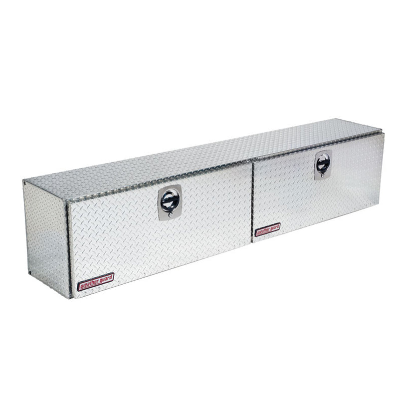 Weather Guard 391-0-02 Super Hi-Side box in bright aluminum diamond plate, front three-quarter studio view with the doors closed