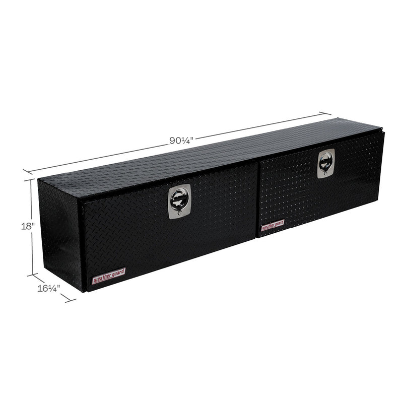 Weather Guard 391-5-02 Super Hi-Side box in gloss black, dimensional line drawing with the overall length, width and height called out