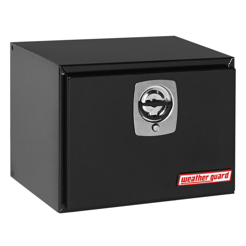 Weather Guard 524-5-02 underbed box in gloss black, front three-quarter studio view with the door closed