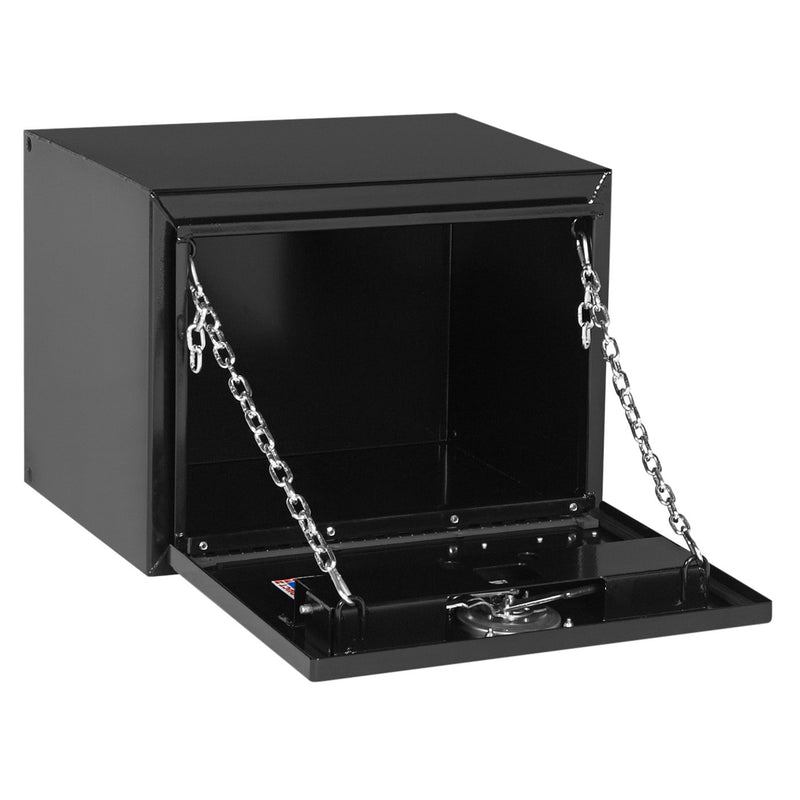 Weather Guard 524-5-02 underbed box in gloss black, door open, showing the interior floor and the full opening
