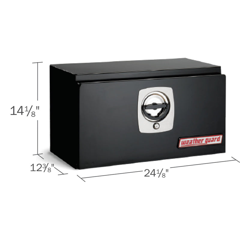 Weather Guard 525-5-02 compact underbed box in gloss black, dimensional line drawing with the overall length, width and height called out