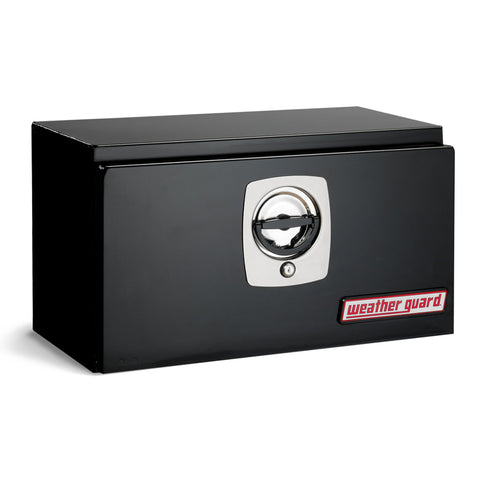 Weather Guard 525-5-02 compact underbed box in gloss black, front three-quarter studio view with the door closed