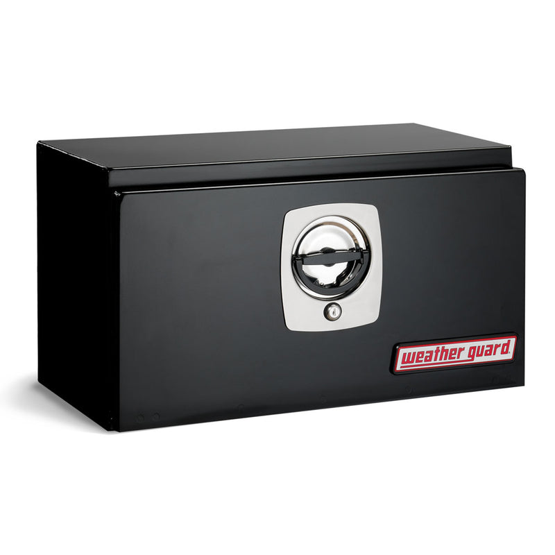 Weather Guard 525-5-02 compact underbed box in gloss black, front three-quarter studio view with the door closed