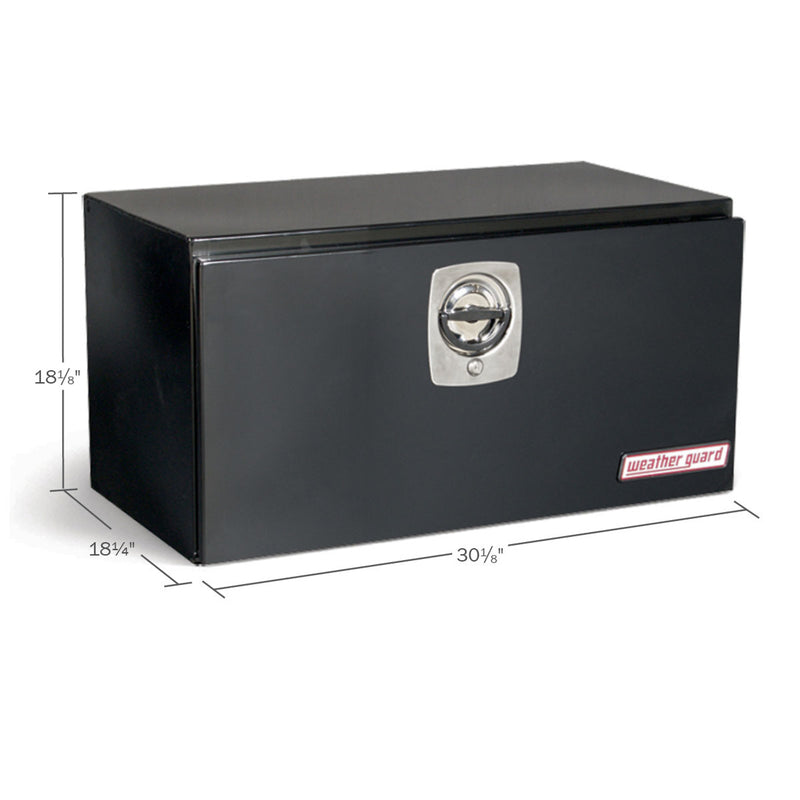 Weather Guard 530-5-02 underbed box in gloss black, dimensional line drawing with the overall length, width and height called out