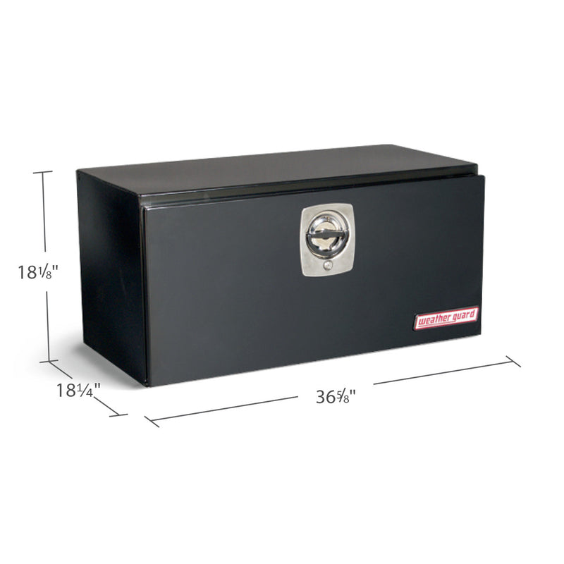 Weather Guard 536-5-02 underbed box in gloss black, dimensional line drawing with the overall length, width and height called out