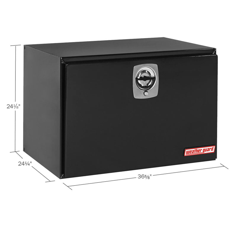 Weather Guard 538-5-02 jumbo underbed box in gloss black, dimensional line drawing with the overall length, width and height called out