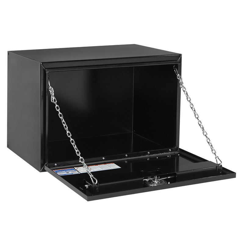 Weather Guard 538-5-02 jumbo underbed box in gloss black, door open, showing the interior floor and the full opening