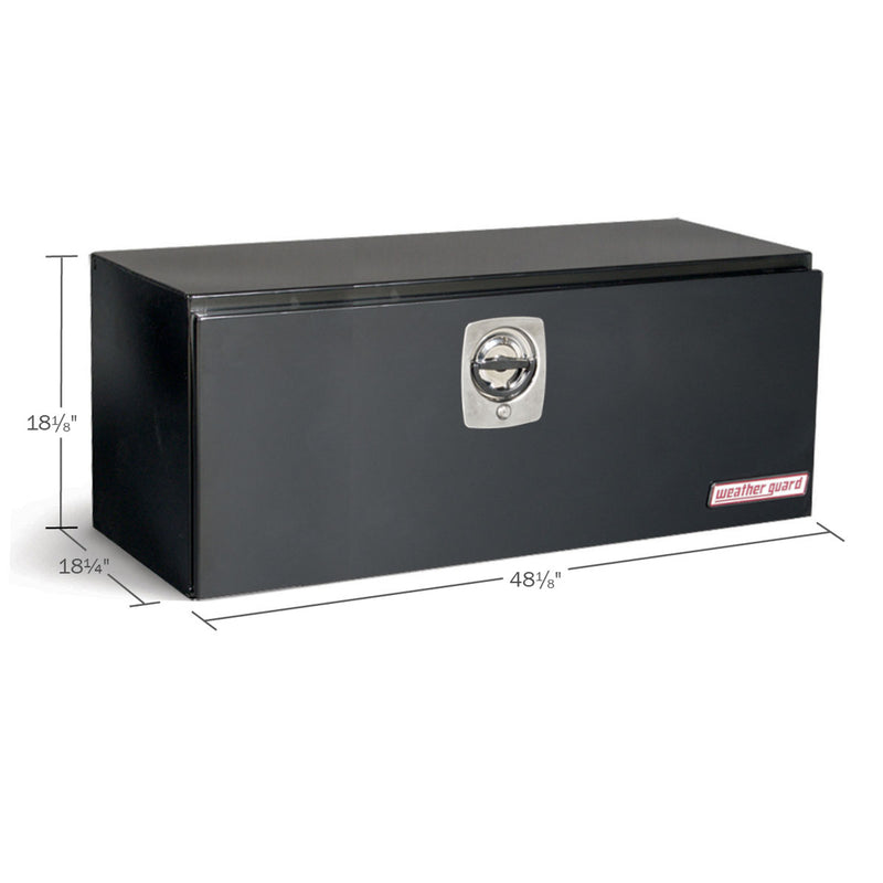 Weather Guard 548-5-02 underbed box in gloss black, dimensional line drawing with the overall length, width and height called out