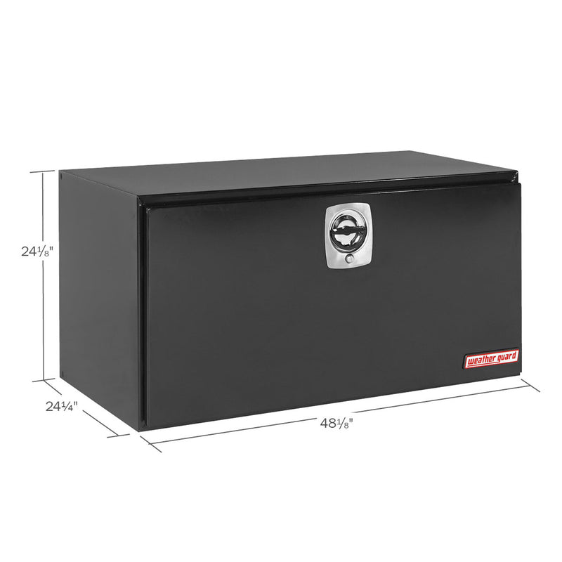 Weather Guard 550-5-02 jumbo underbed box in gloss black, dimensional line drawing with the overall length, width and height called out