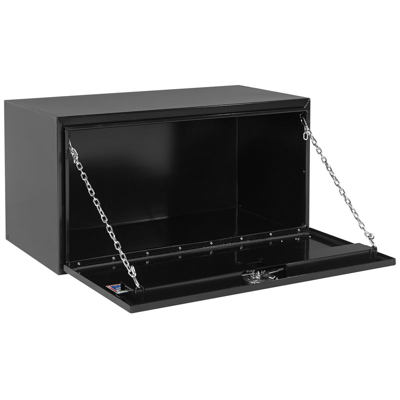 Weather Guard 550-5-02 jumbo underbed box in gloss black, door open, showing the interior floor and the full opening