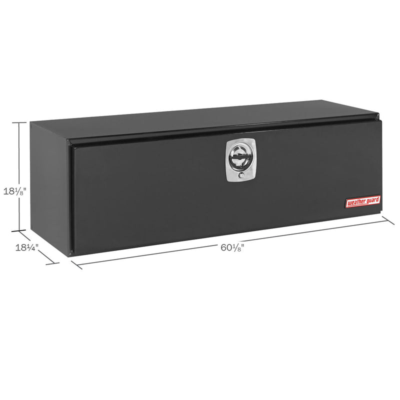 Weather Guard 560-5-02 underbed box in gloss black, dimensional line drawing with the overall length, width and height called out