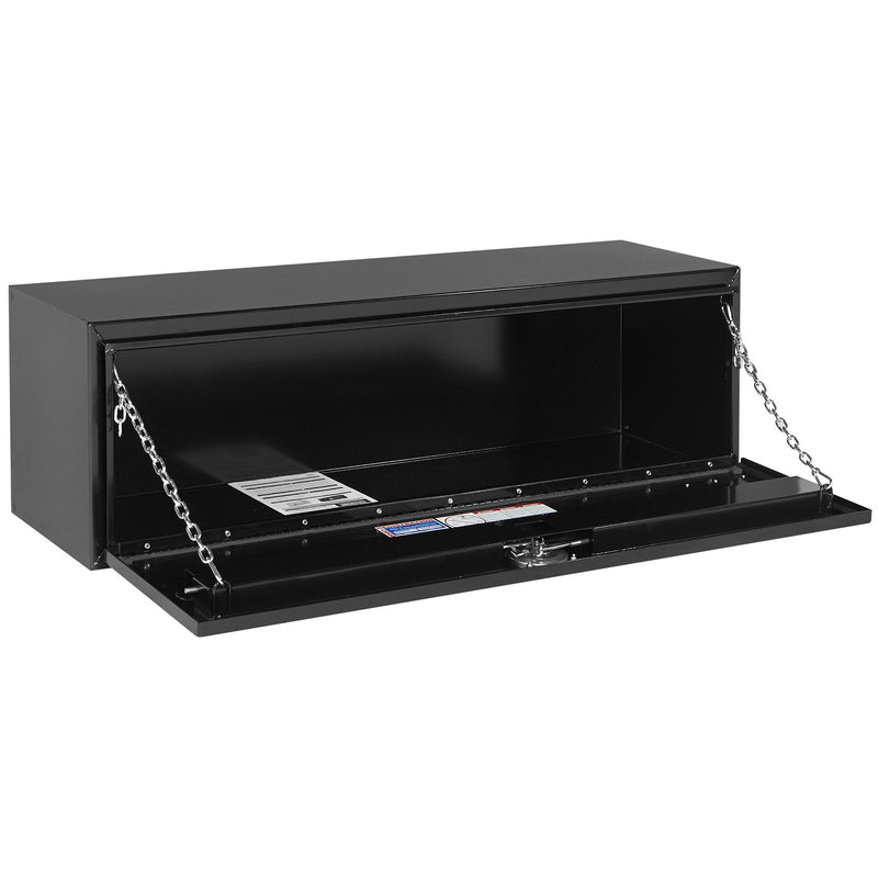 Weather Guard 560-5-02 underbed box in gloss black, door open, showing the interior floor and the full opening