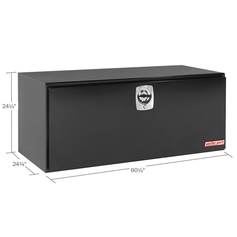 Weather Guard 562-5-02 jumbo underbed box in gloss black, dimensional line drawing with the overall length, width and height called out