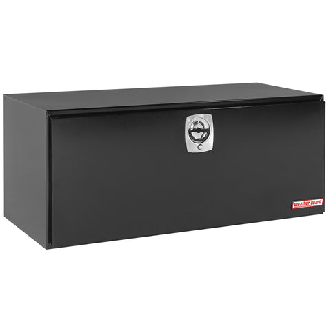 Weather Guard 562-5-02 jumbo underbed box in gloss black, front three-quarter studio view with the door closed