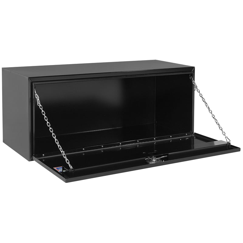 Weather Guard 562-5-02 jumbo underbed box in gloss black, door open, showing the interior floor and the full opening