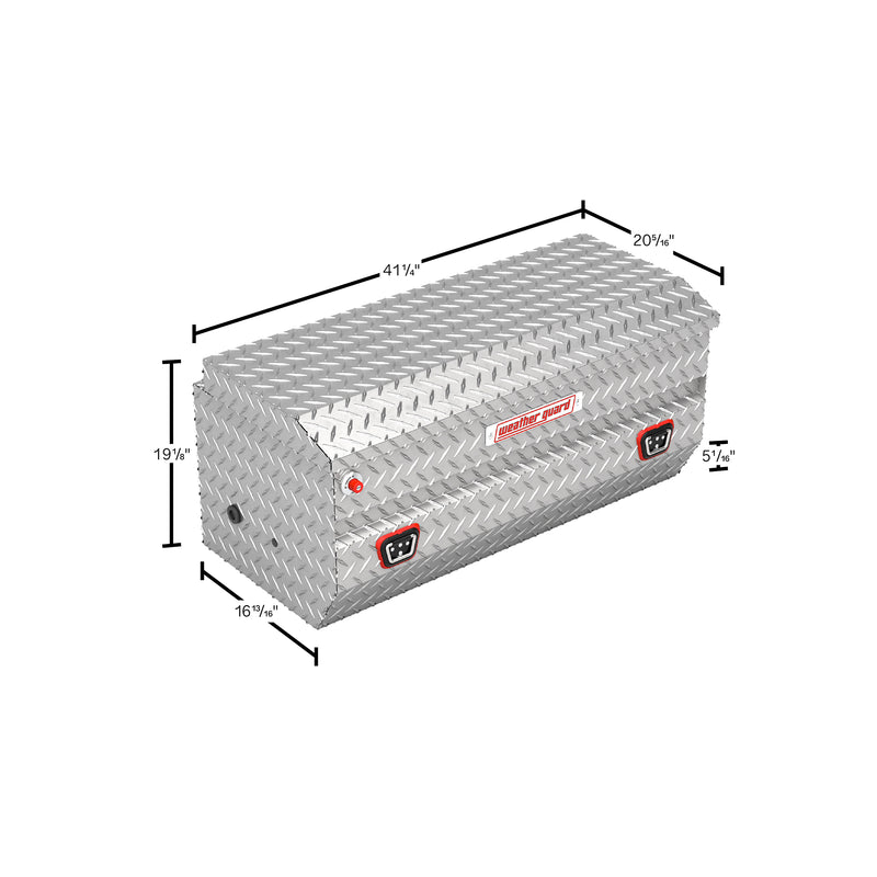 Weather Guard 614-0-04 All-Purpose Chest in bright aluminum diamond plate, dimensional line drawing with the overall length, width and height called out