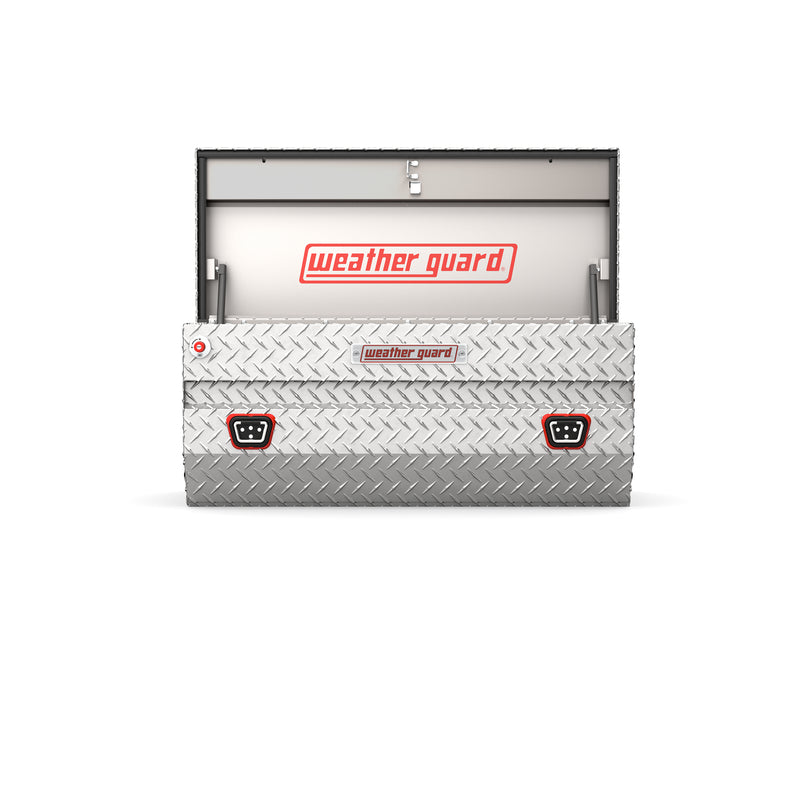 Weather Guard 614-0-04 All-Purpose Chest in bright aluminum diamond plate, straight-on front view with the lid open, showing the full interior