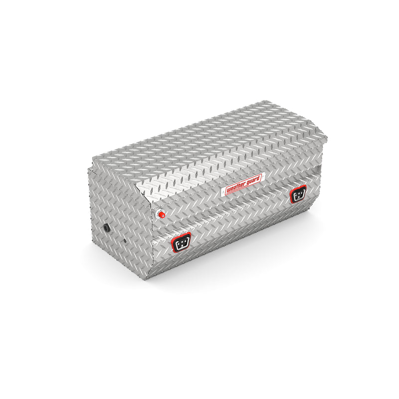 Weather Guard 614-0-04 All-Purpose Chest in bright aluminum diamond plate, front three-quarter studio view with the lid closed