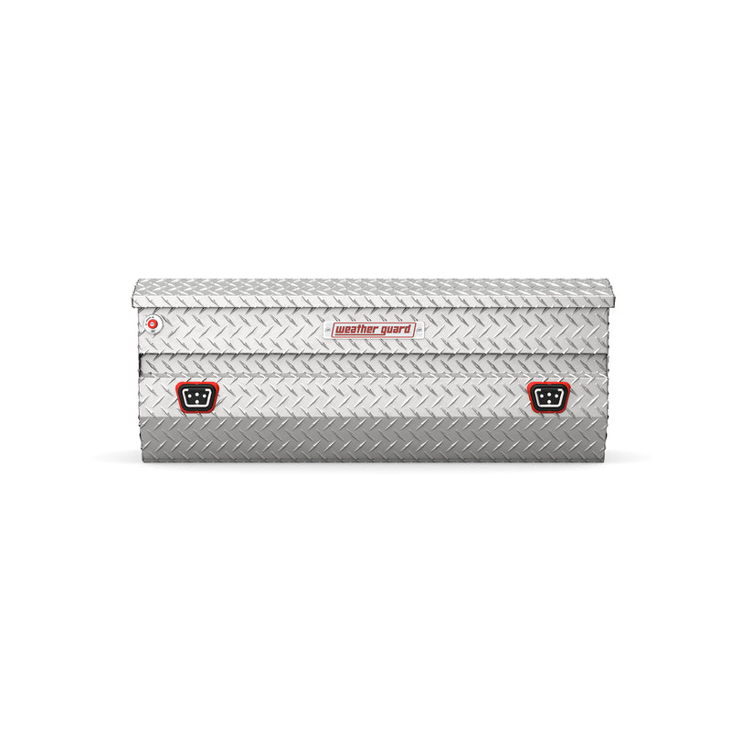 Weather Guard 624-0-04 All-Purpose Chest in bright aluminum diamond plate, straight-on front elevation with the lid closed