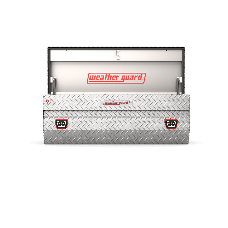 Weather Guard 624-0-04 All-Purpose Chest in bright aluminum diamond plate, straight-on front view with the lid open, showing the full interior