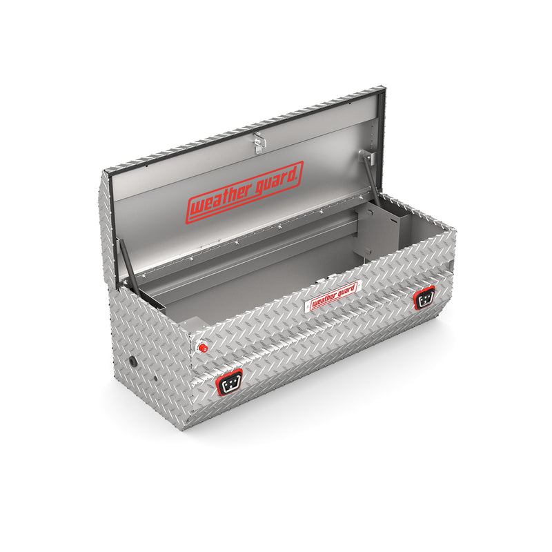 Weather Guard 624-0-04 All-Purpose Chest in bright aluminum diamond plate, lid open, showing the interior floor and the full opening