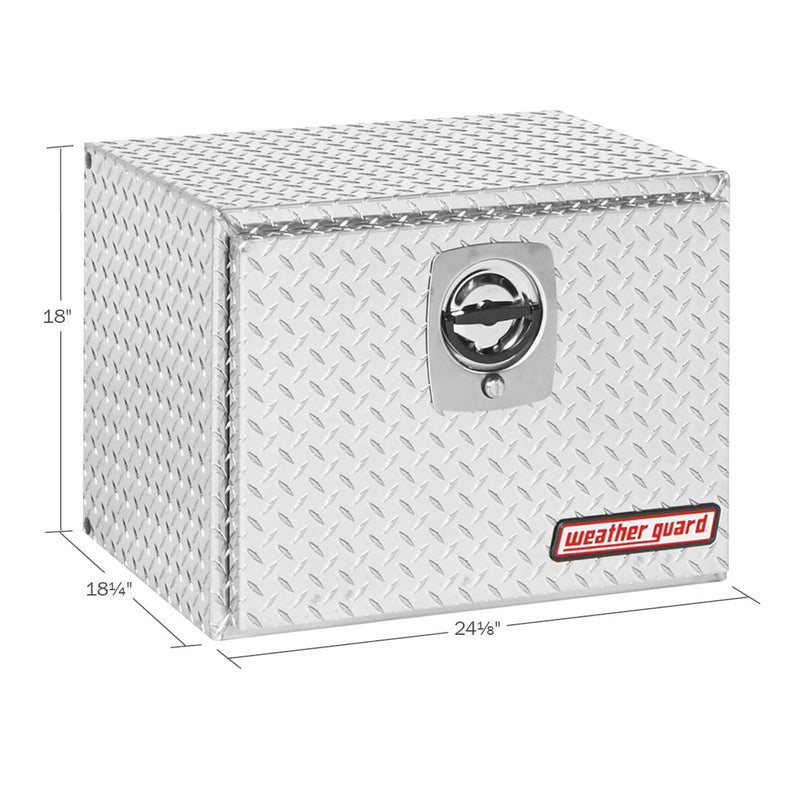 Weather Guard 627-0-02 underbed box in bright aluminum diamond plate, dimensional line drawing with the overall length, width and height called out