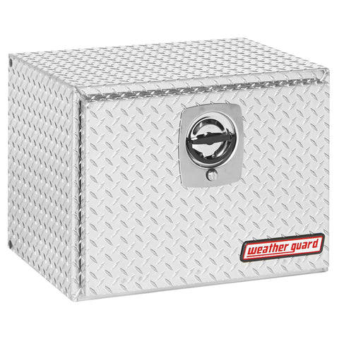 Weather Guard 627-0-02 underbed box in bright aluminum diamond plate, front three-quarter studio view with the door closed