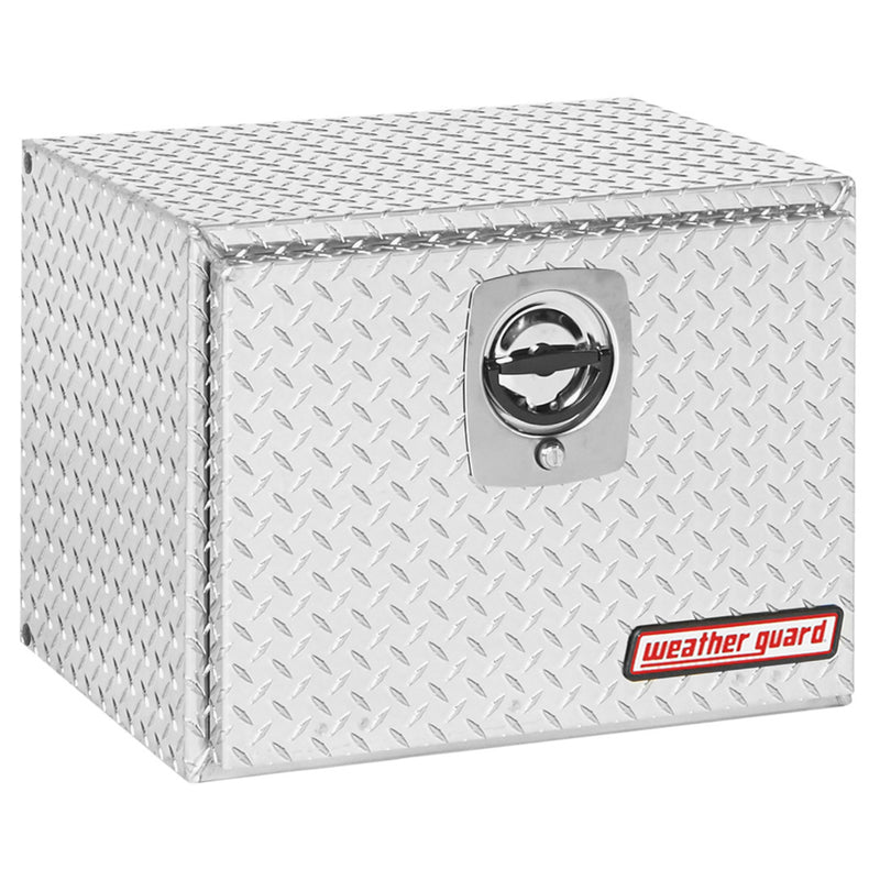 Weather Guard 627-0-02 underbed box in bright aluminum diamond plate, front three-quarter studio view with the door closed