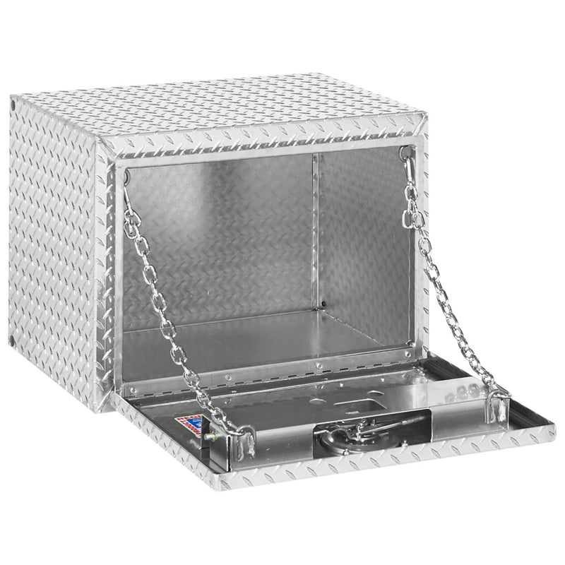 Weather Guard 627-0-02 underbed box in bright aluminum diamond plate, door open, showing the interior floor and the full opening