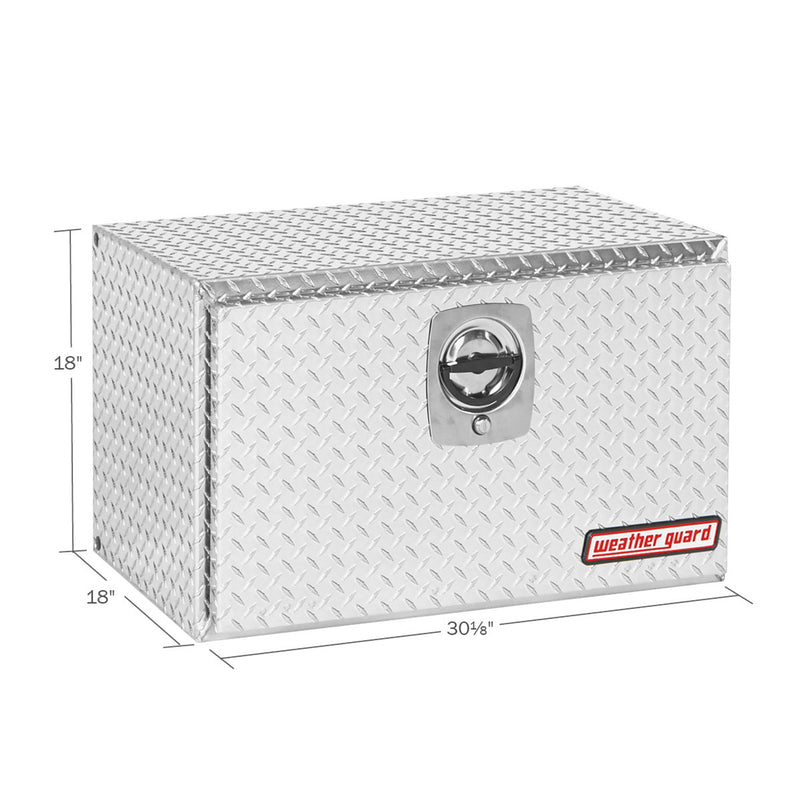 Weather Guard 631-0-02 underbed box in bright aluminum diamond plate, dimensional line drawing with the overall length, width and height called out